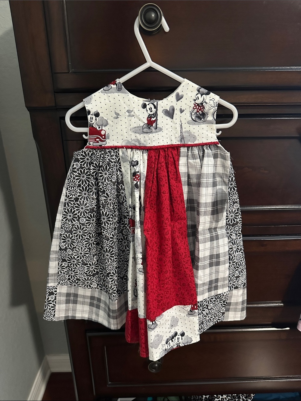 Girls' Patchwork Mickey Print Dress in Red, Black & White